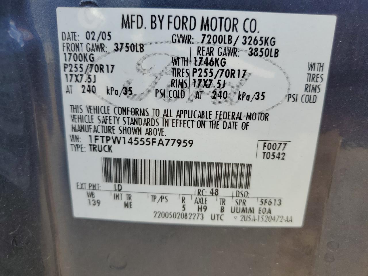 1FTPW14555FA77959 2005 Ford F150 Supercrew