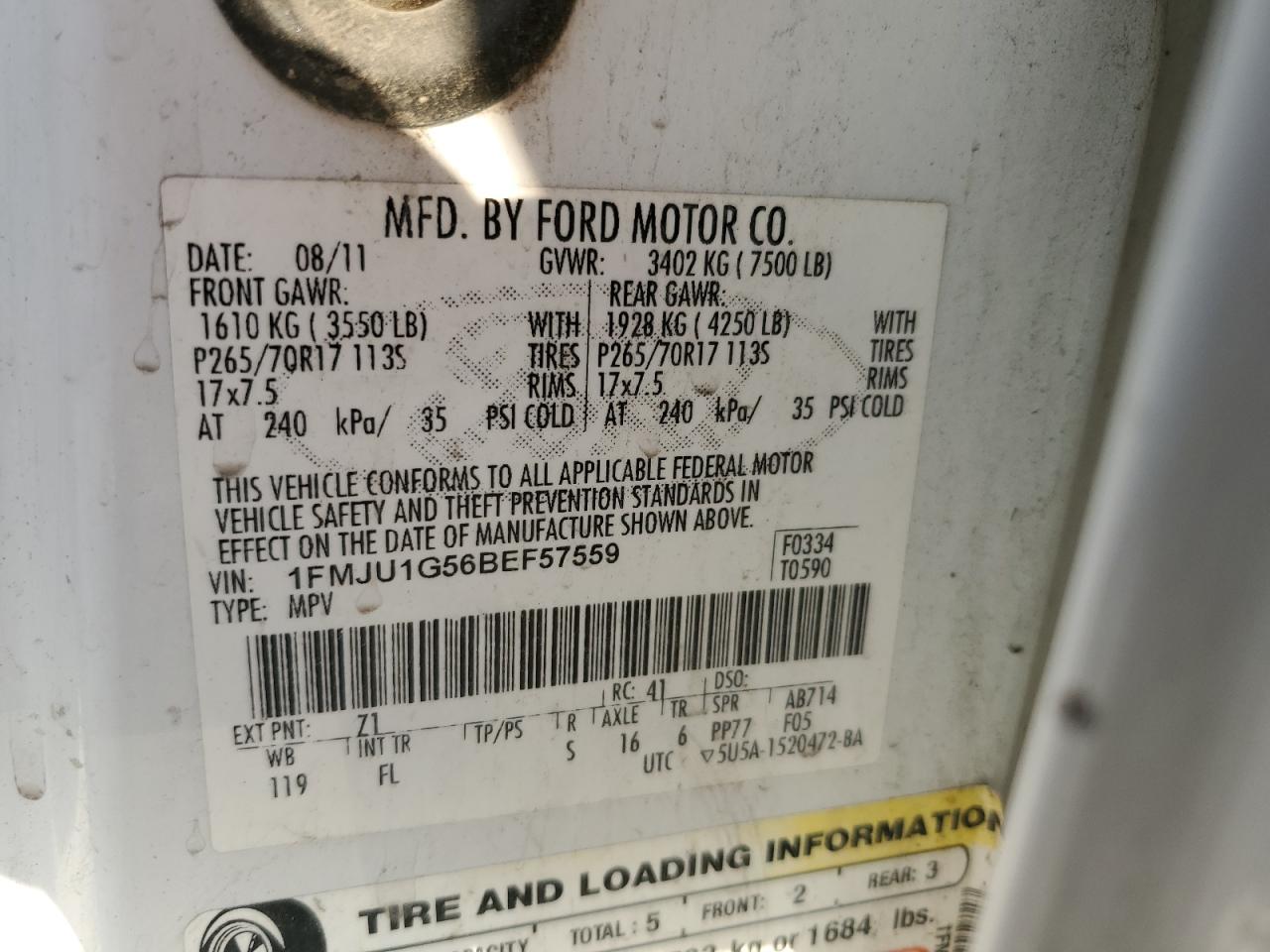 1FMJU1G56BEF57559 2011 Ford Expedition Xl