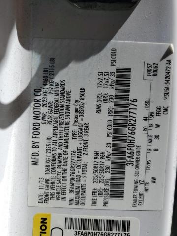 2016 Ford Fusion Se VIN: 3FA6P0H76GR277176 Lot: 62521074