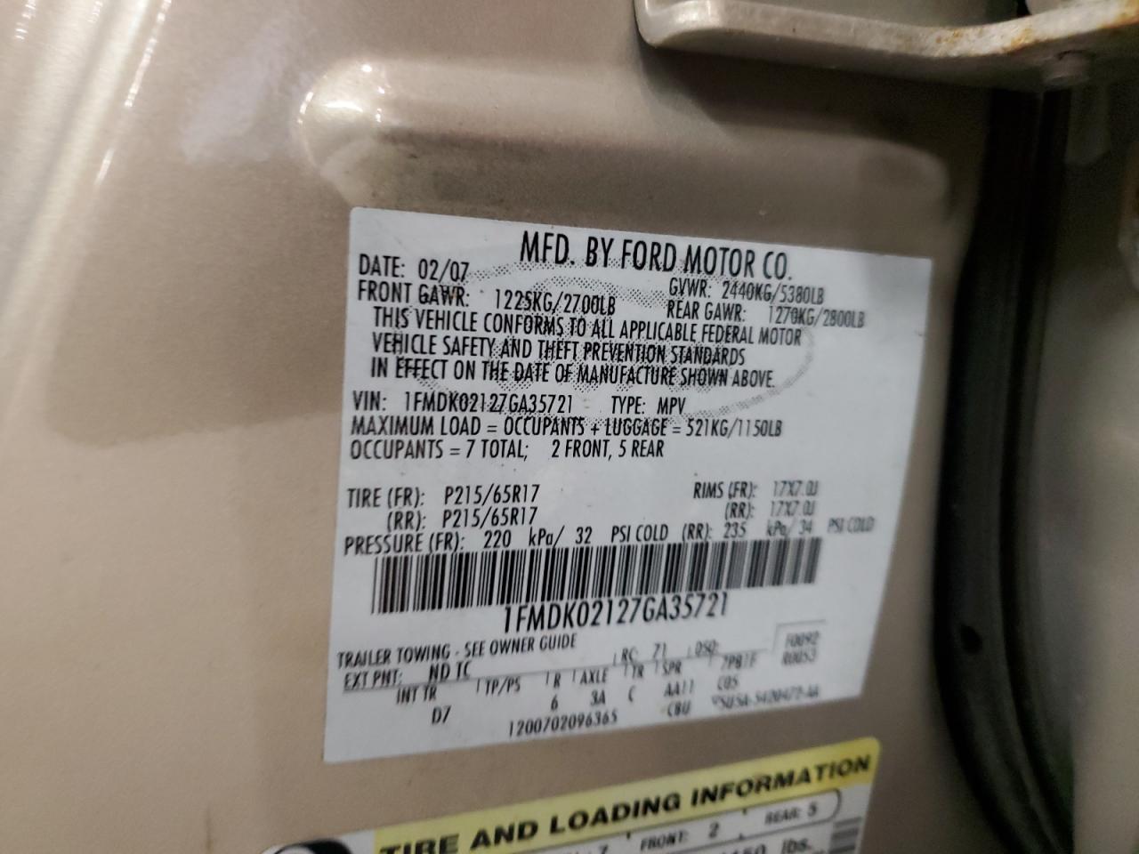1fmdk02127ga35721 1FMDK02127GA35721 2007 Ford Freestyle Sel
