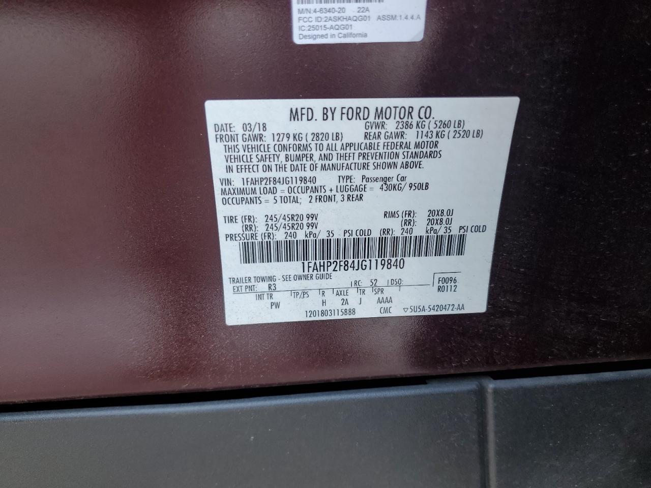 1FAHP2F84JG119840 2018 Ford Taurus Limited