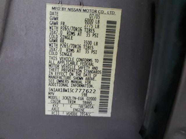 2005 Nissan Pathfinder Le VIN: 5N1AR18W15C777622 Lot: 62216304