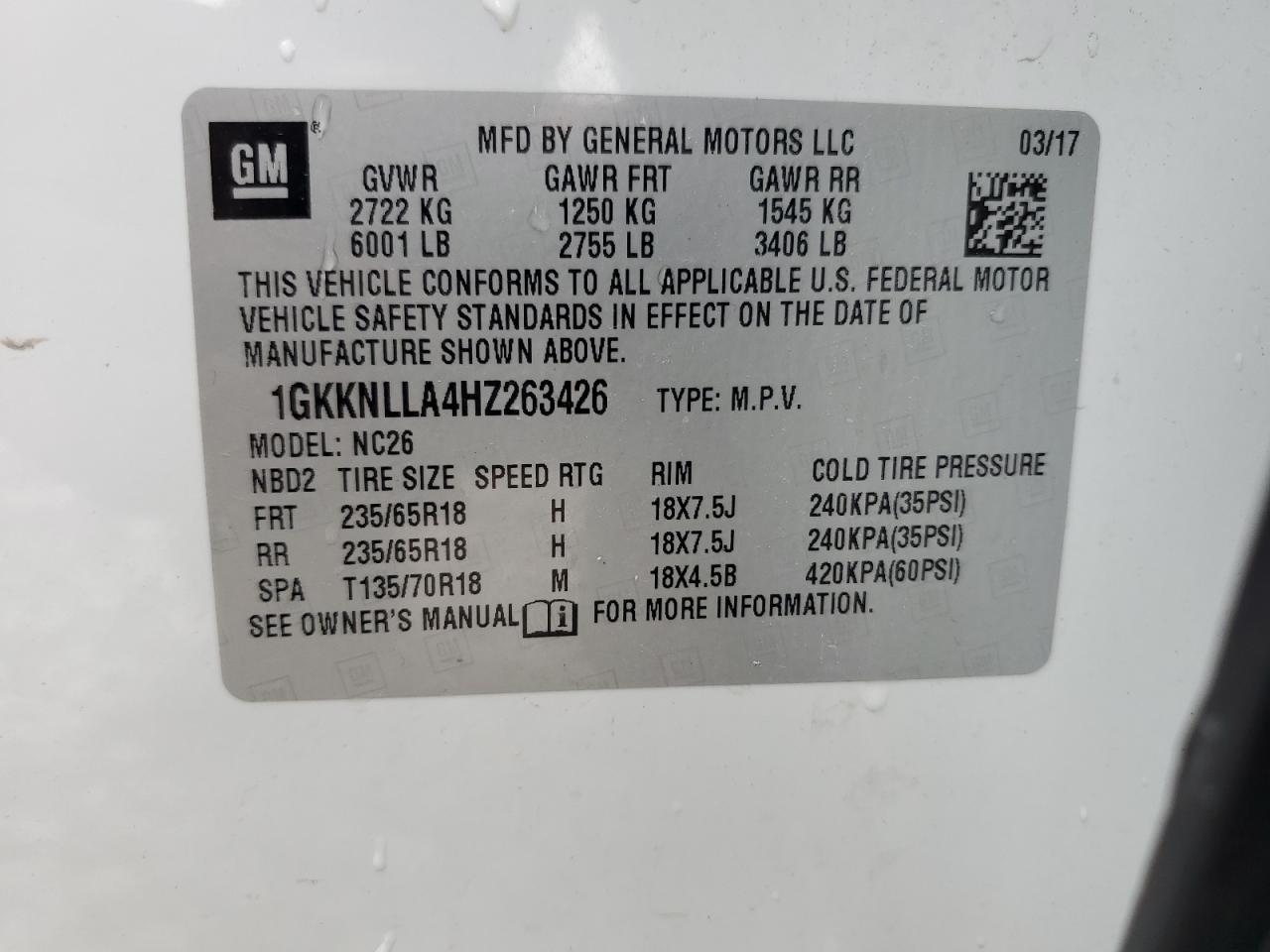 1GKKNLLA4HZ263426 2017 GMC Acadia Sle