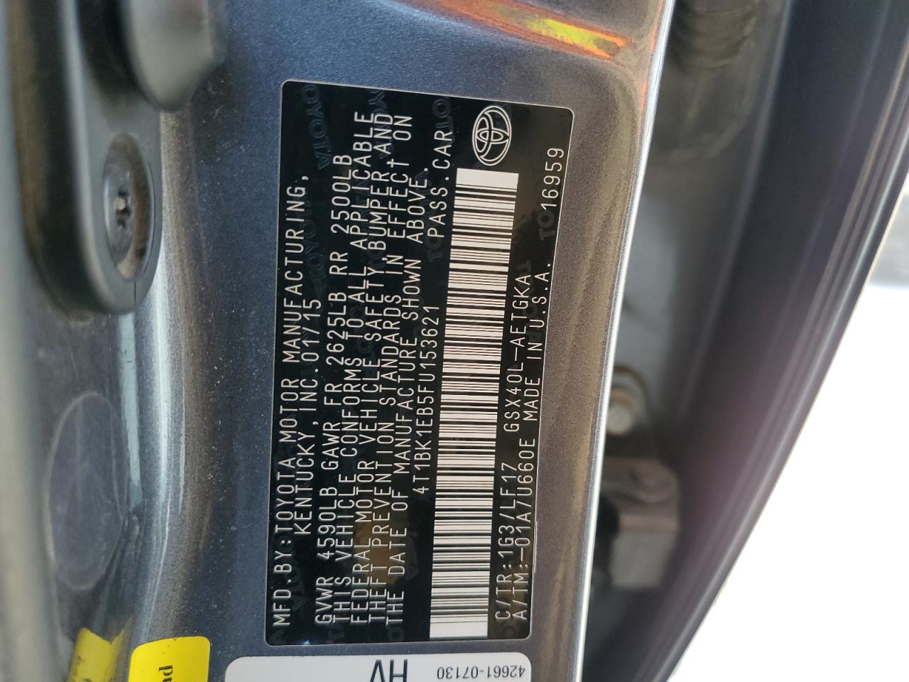 4T1BK1EB5FU153621 2015 Toyota Avalon Xle