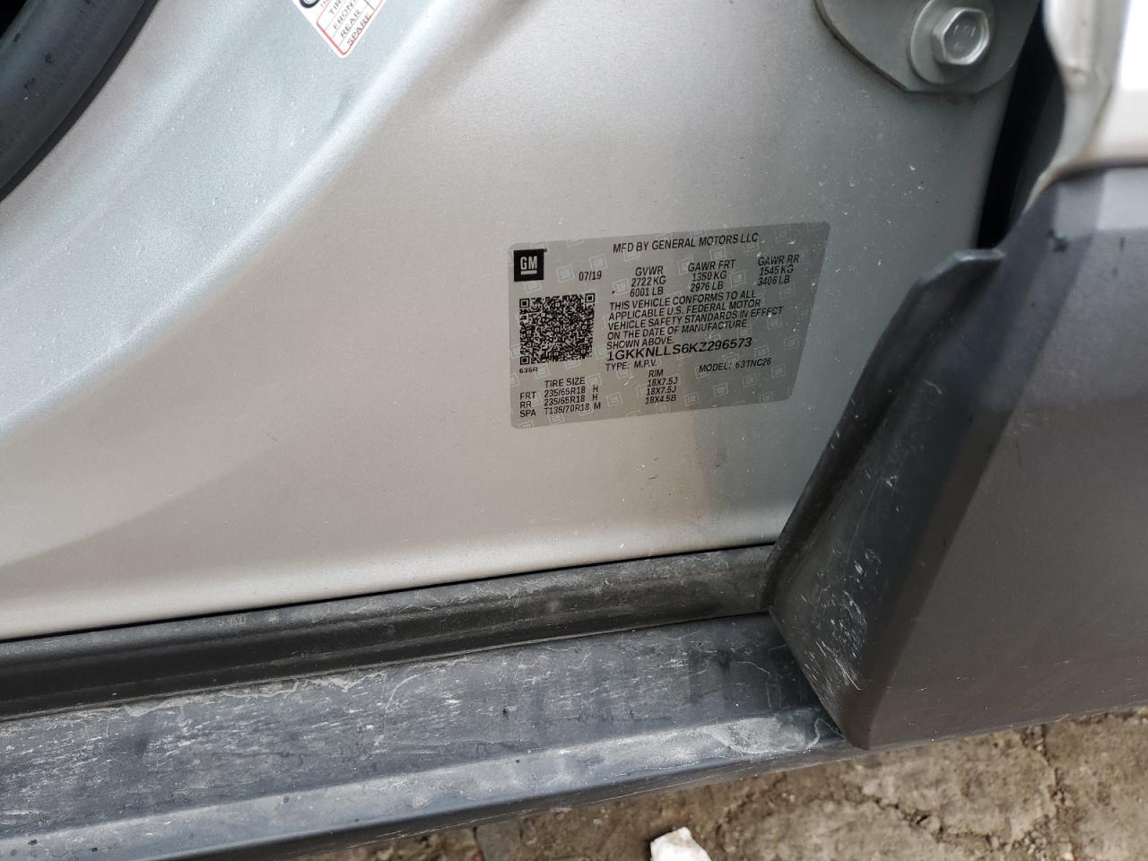 1GKKNLLS6KZ296573 2019 GMC Acadia Sle