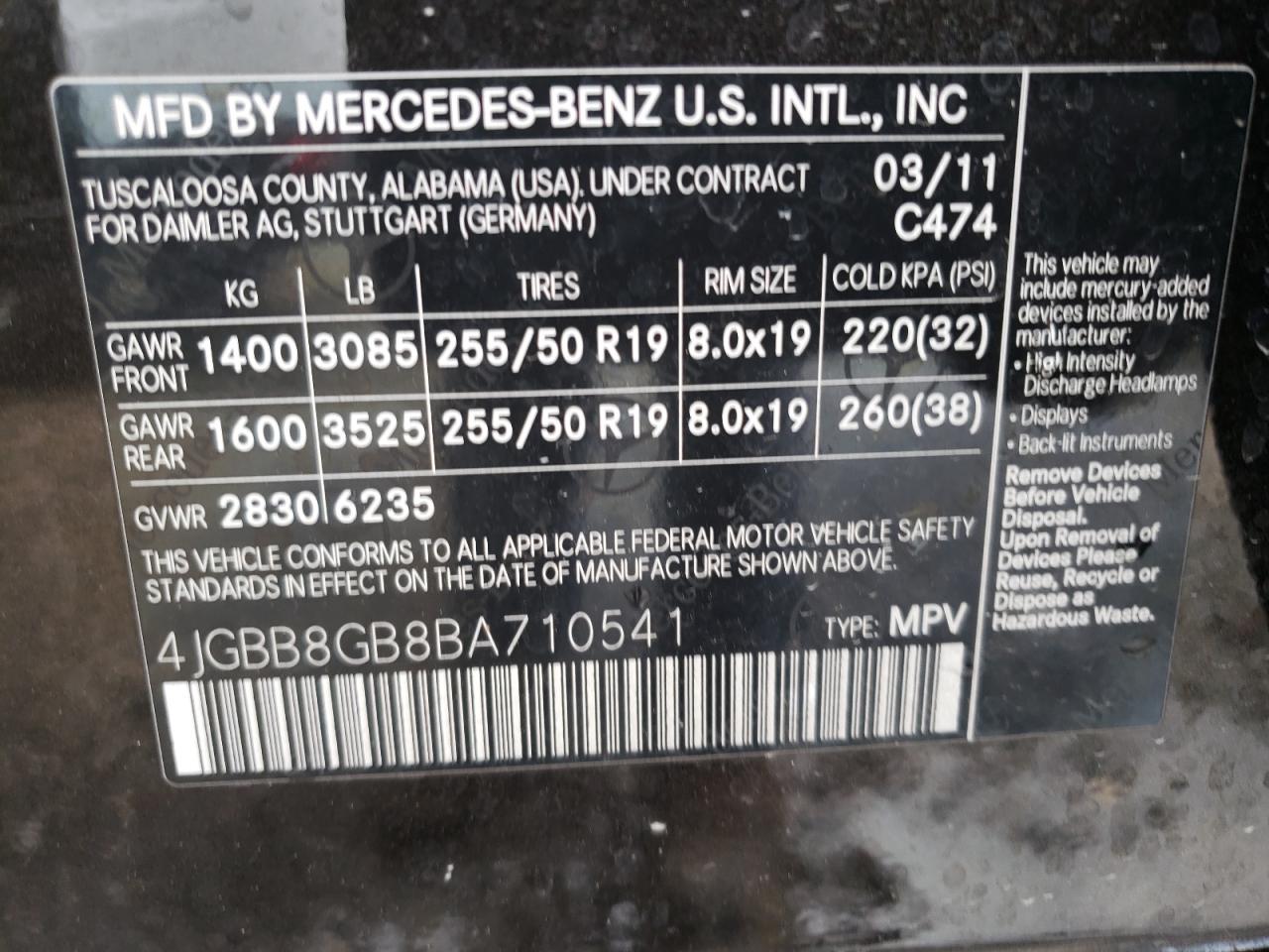 4JGBB8GB8BA710541 2011 Mercedes-Benz Ml 350 4Matic