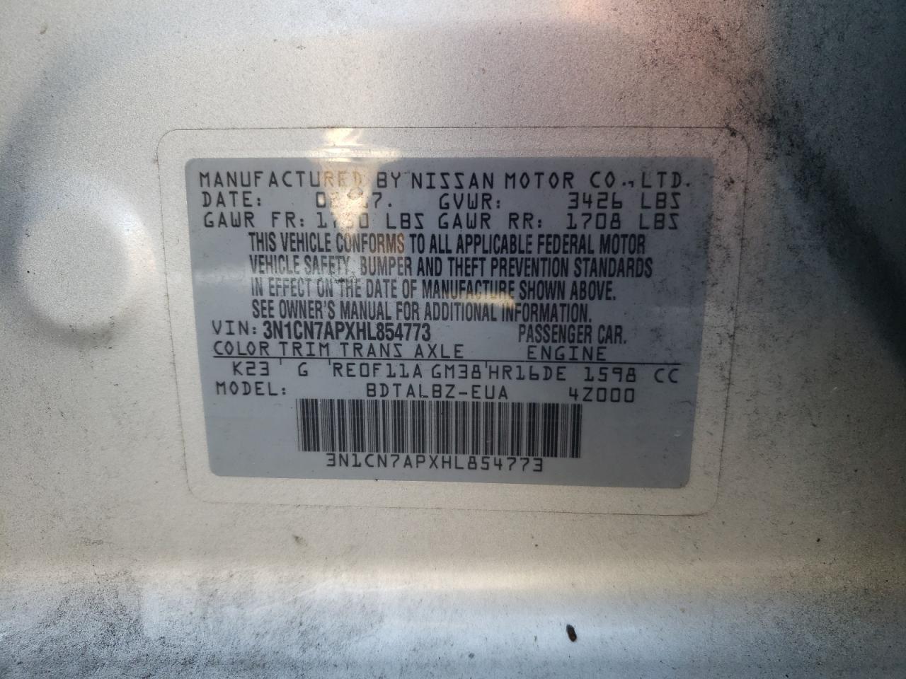 3N1CN7APXHL854773 2017 Nissan Versa S