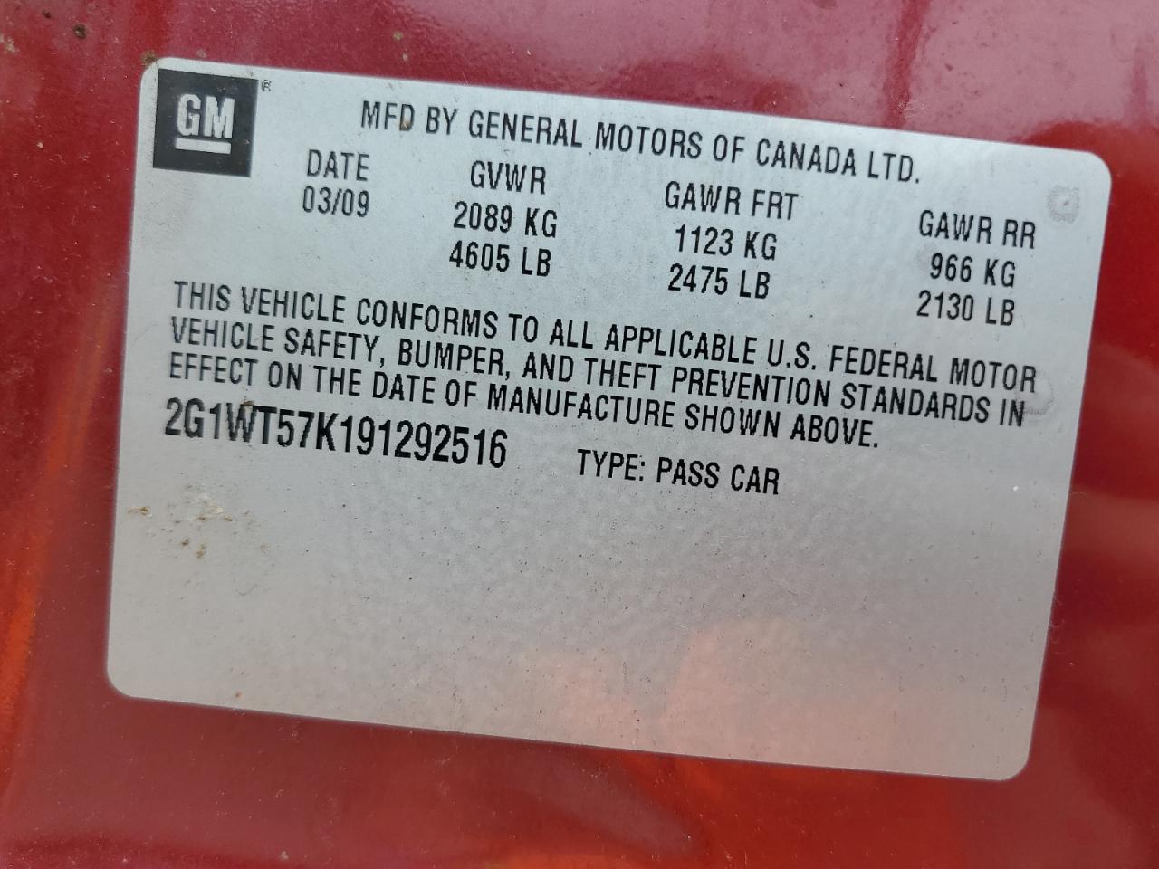 2G1WT57K191292516 2009 Chevrolet Impala 1Lt