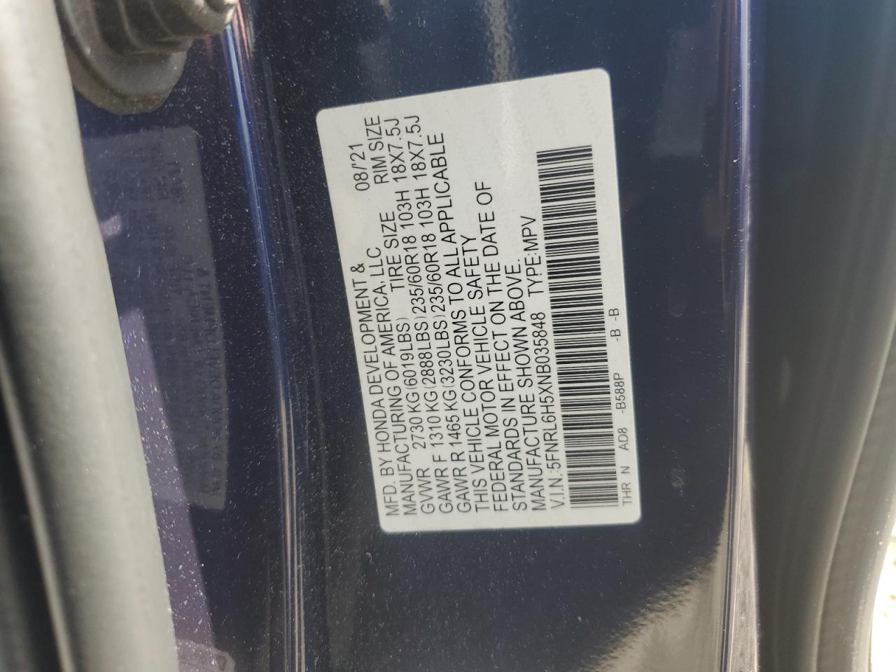 5FNRL6H5XNB035848 2022 Honda Odyssey Ex