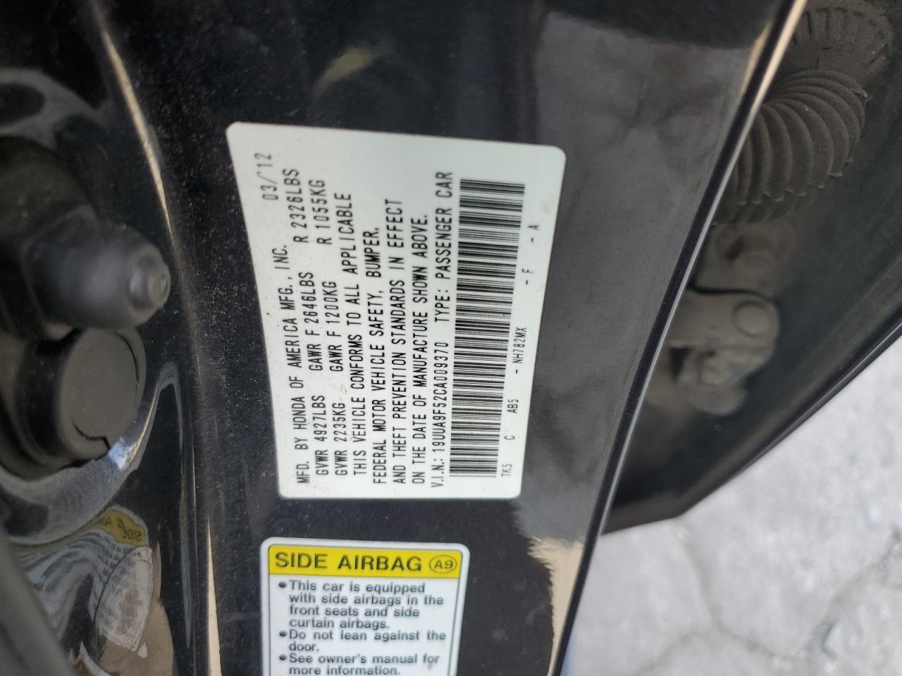 2012 Acura Tl vin: 19UUA9F52CA009370