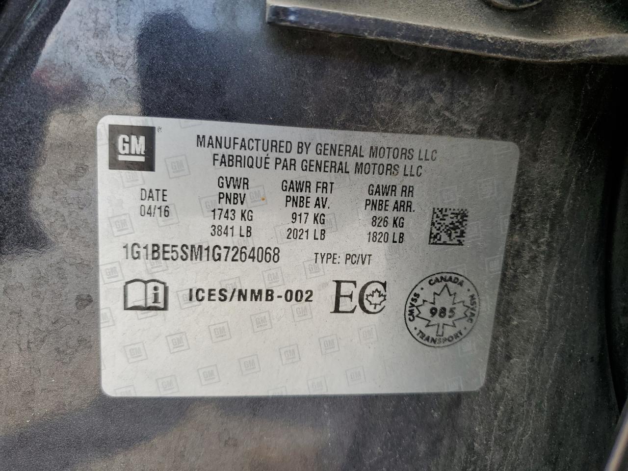 1g1be5sm1g7264068 1G1BE5SM1G7264068 2016 Chevrolet Cruze Lt