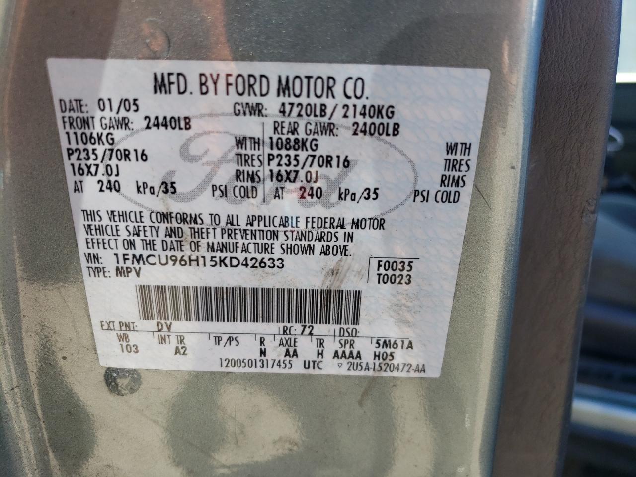1FMCU96H15KD42633 2005 Ford Escape Hev 1FMCU96H15KD42633 2005 Ford Escape Hev