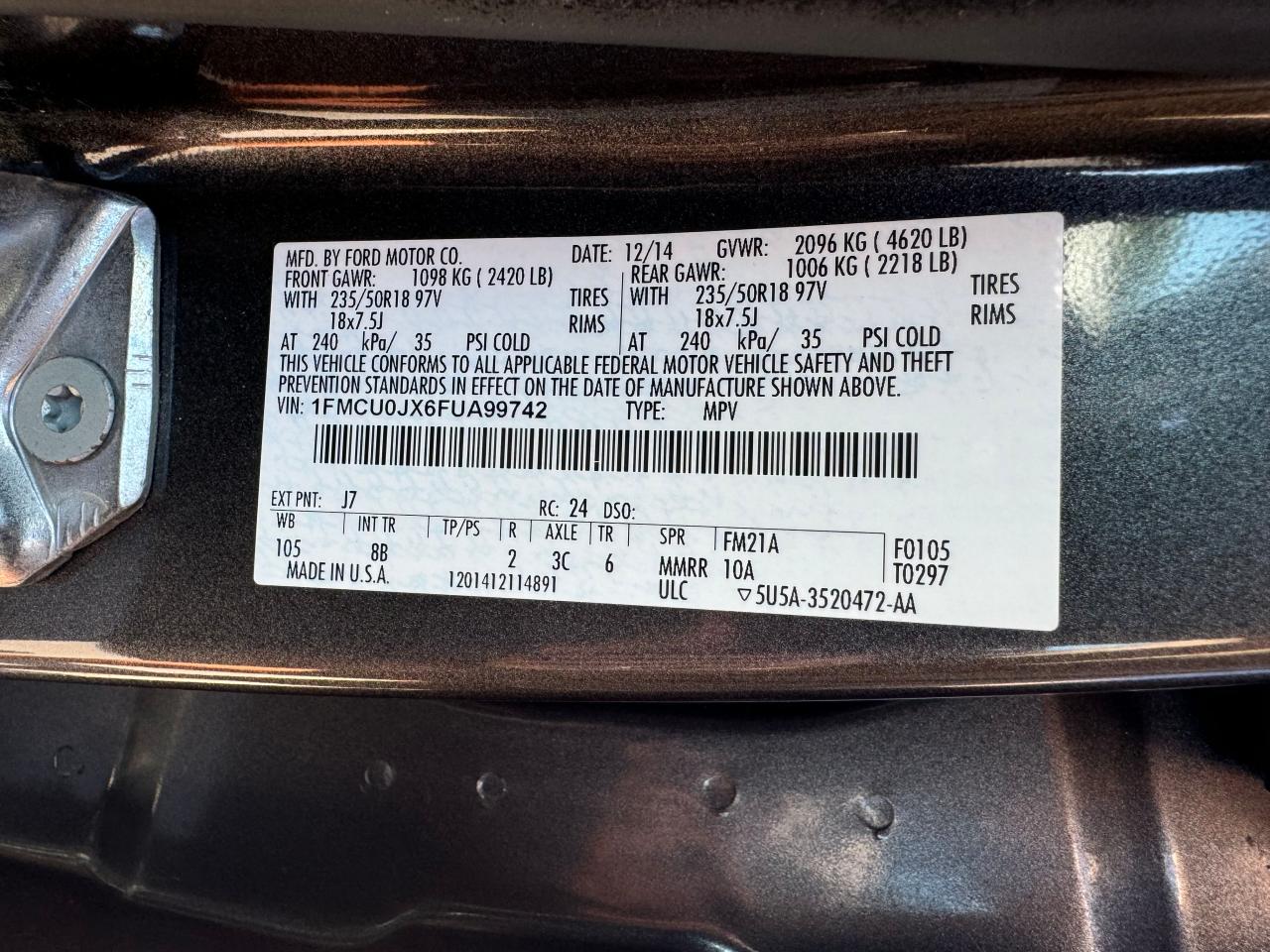 1FMCU0JX6FUA99742 2015 Ford Escape Titanium