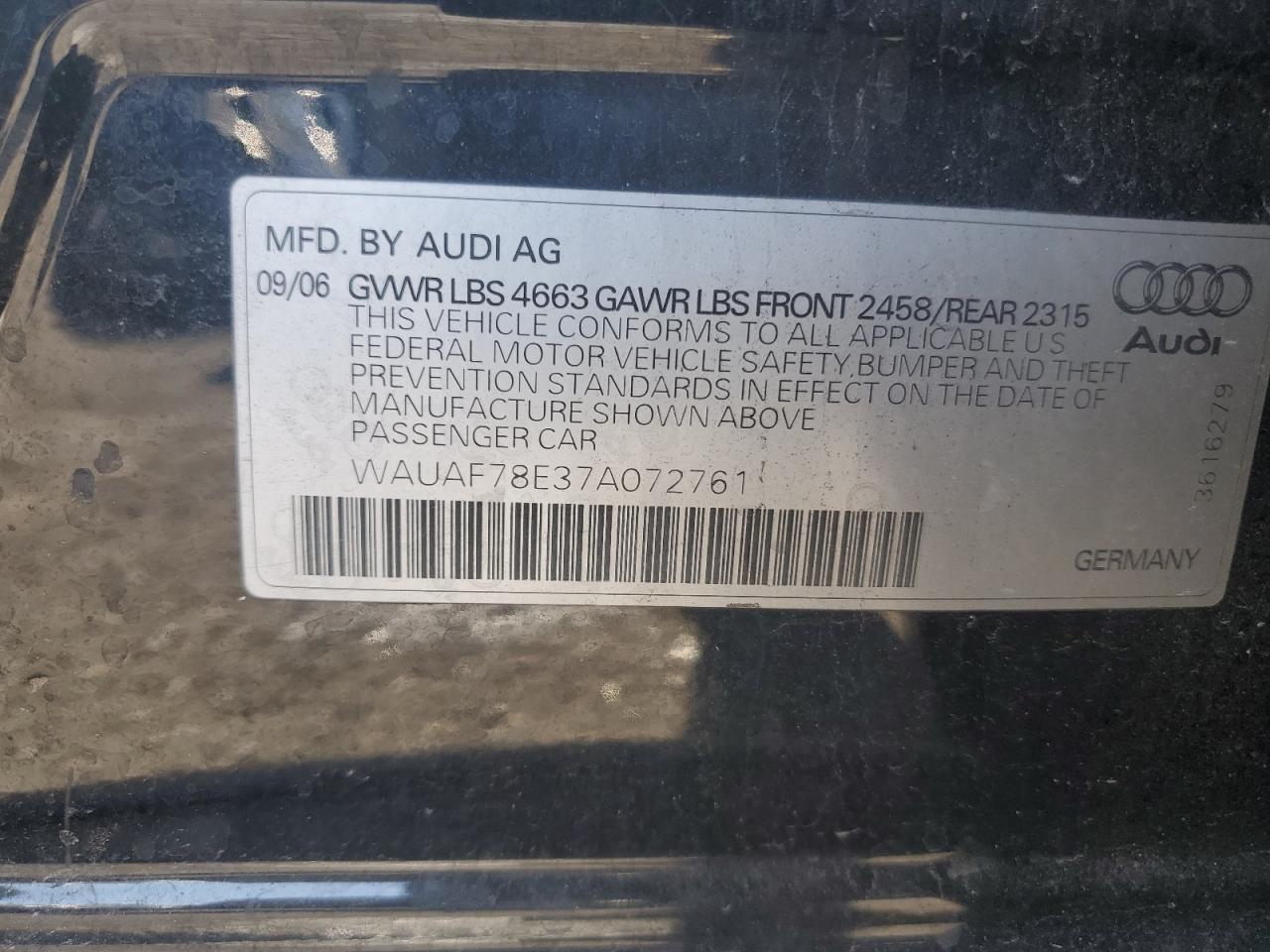 WAUAF78E37A072761 2007 Audi A4 2