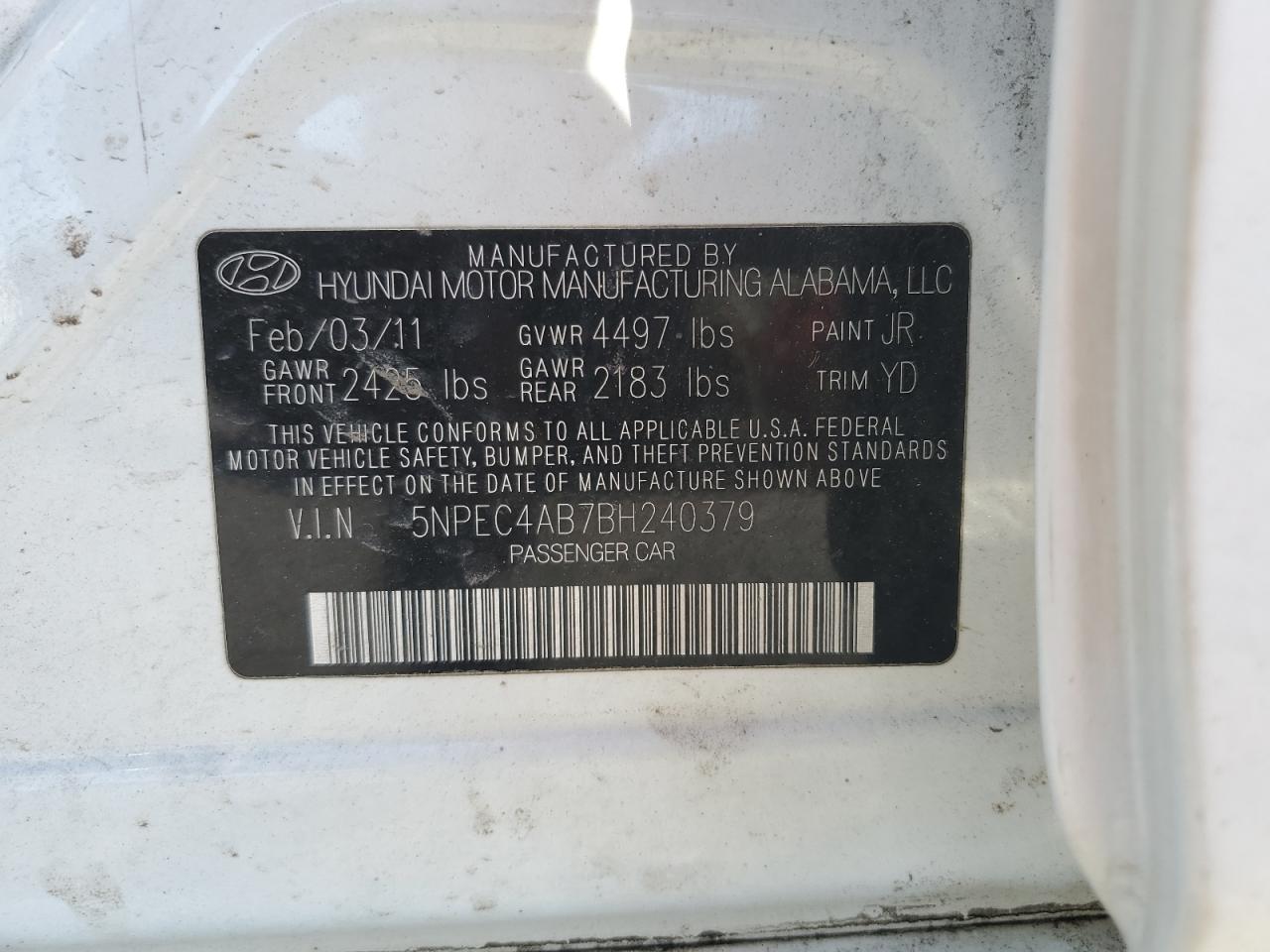 5NPEC4AB7BH240379 2011 Hyundai Sonata Se