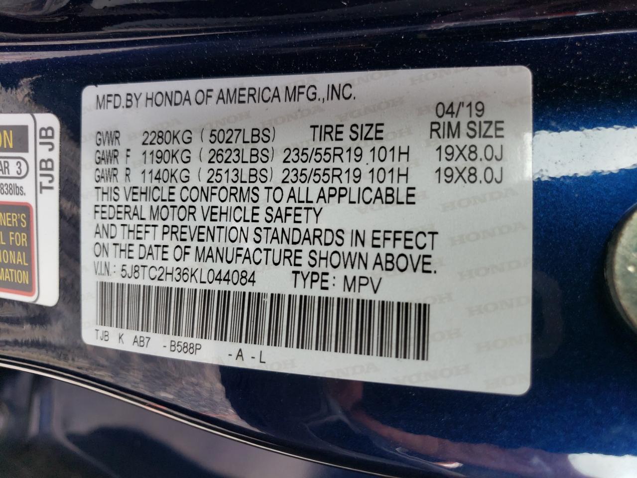 5J8TC2H36KL044084 2019 Acura Rdx