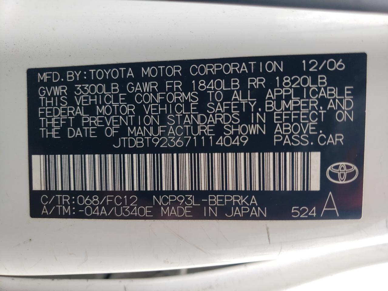 JTDBT923671114049 2007 Toyota Yaris