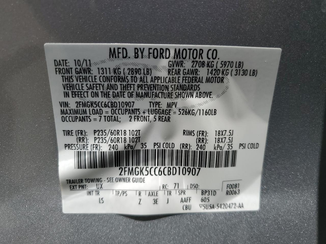 2FMGK5CC6CBD10907 2012 Ford Flex Sel