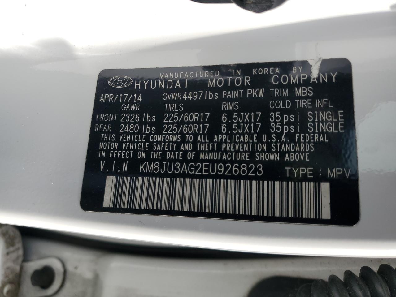 KM8JU3AG2EU926823 2014 Hyundai Tucson Gls