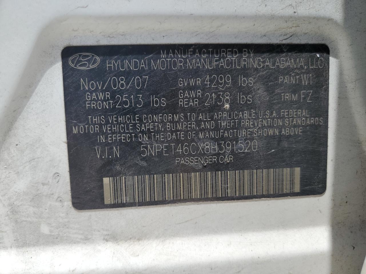 5NPET46CX8H391520 2008 Hyundai Sonata Gls