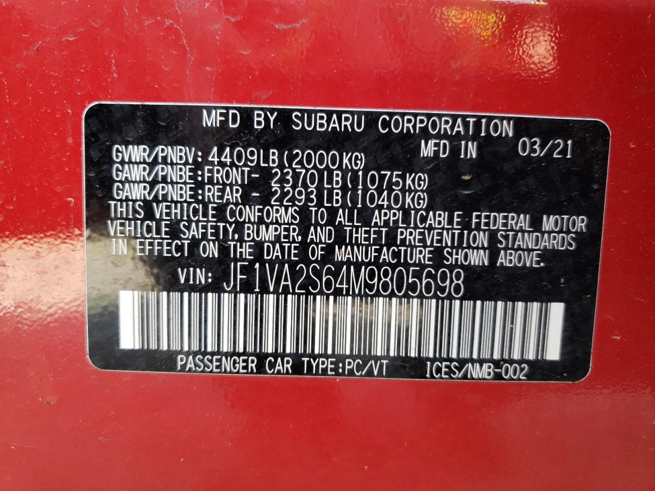 JF1VA2S64M9805698 2021 Subaru Wrx Sti