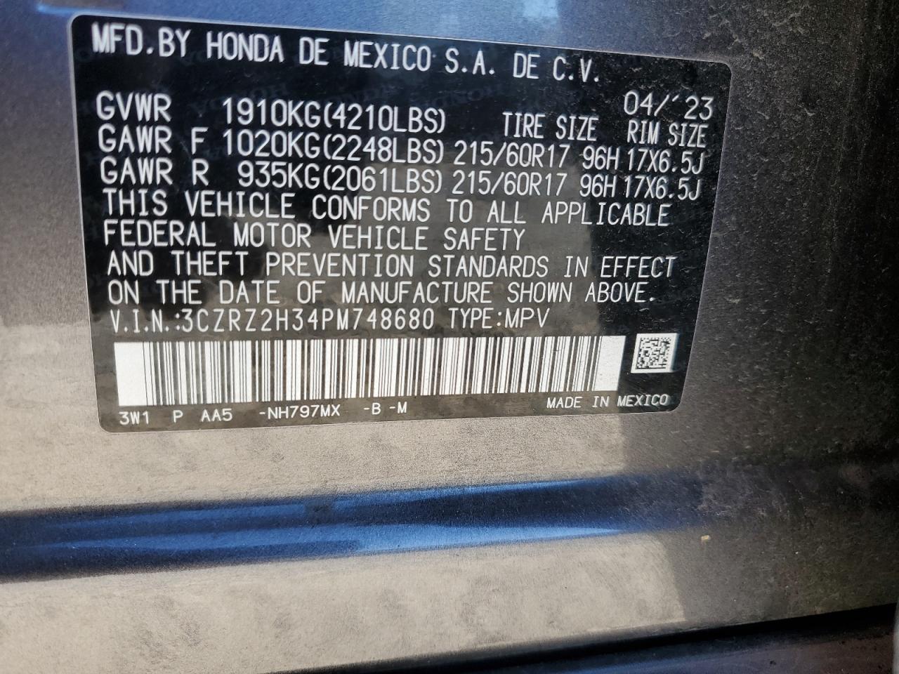 3CZRZ2H34PM748680 2023 Honda Hr-V Lx