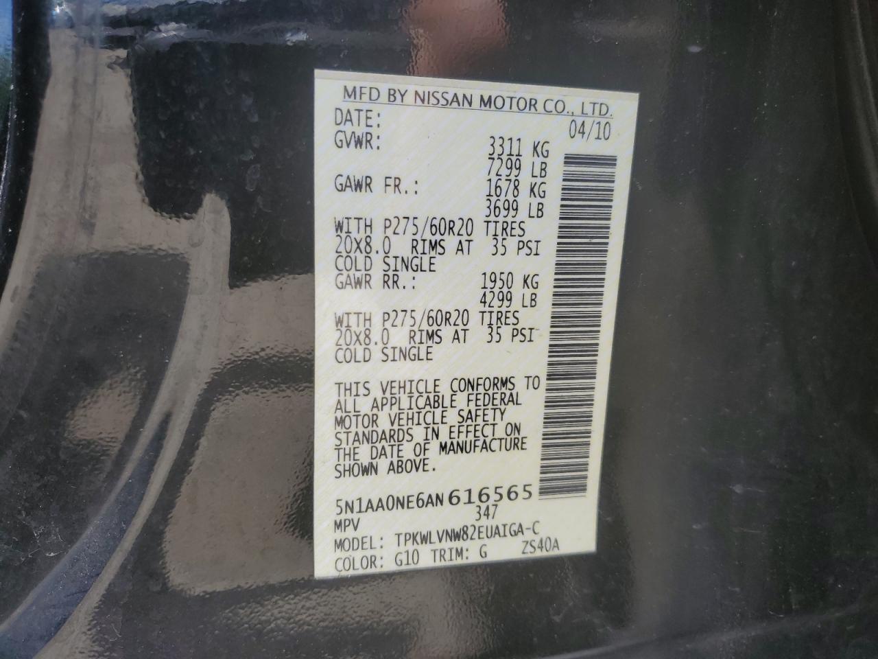 5N1AA0NE6AN616565 2010 Nissan Armada Platinum