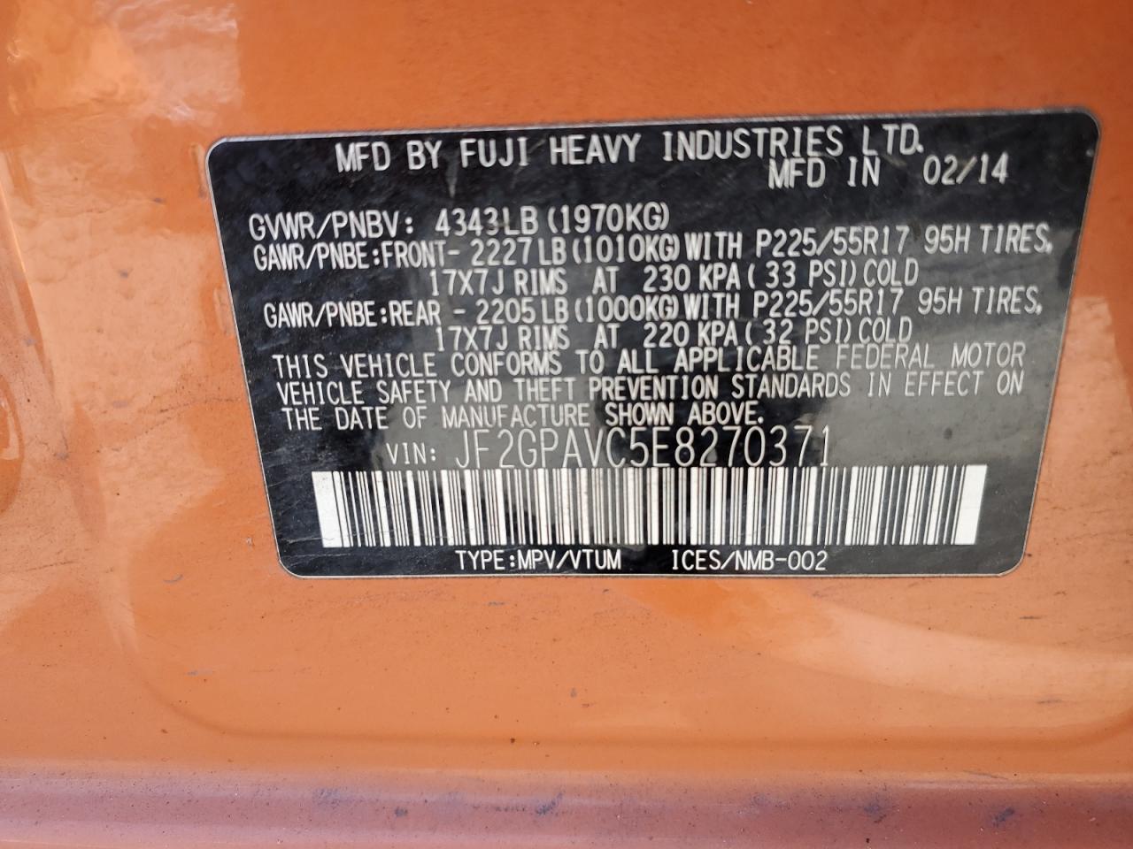 JF2GPAVC5E8270371 2014 Subaru Xv Crosstrek 2.0 Premium