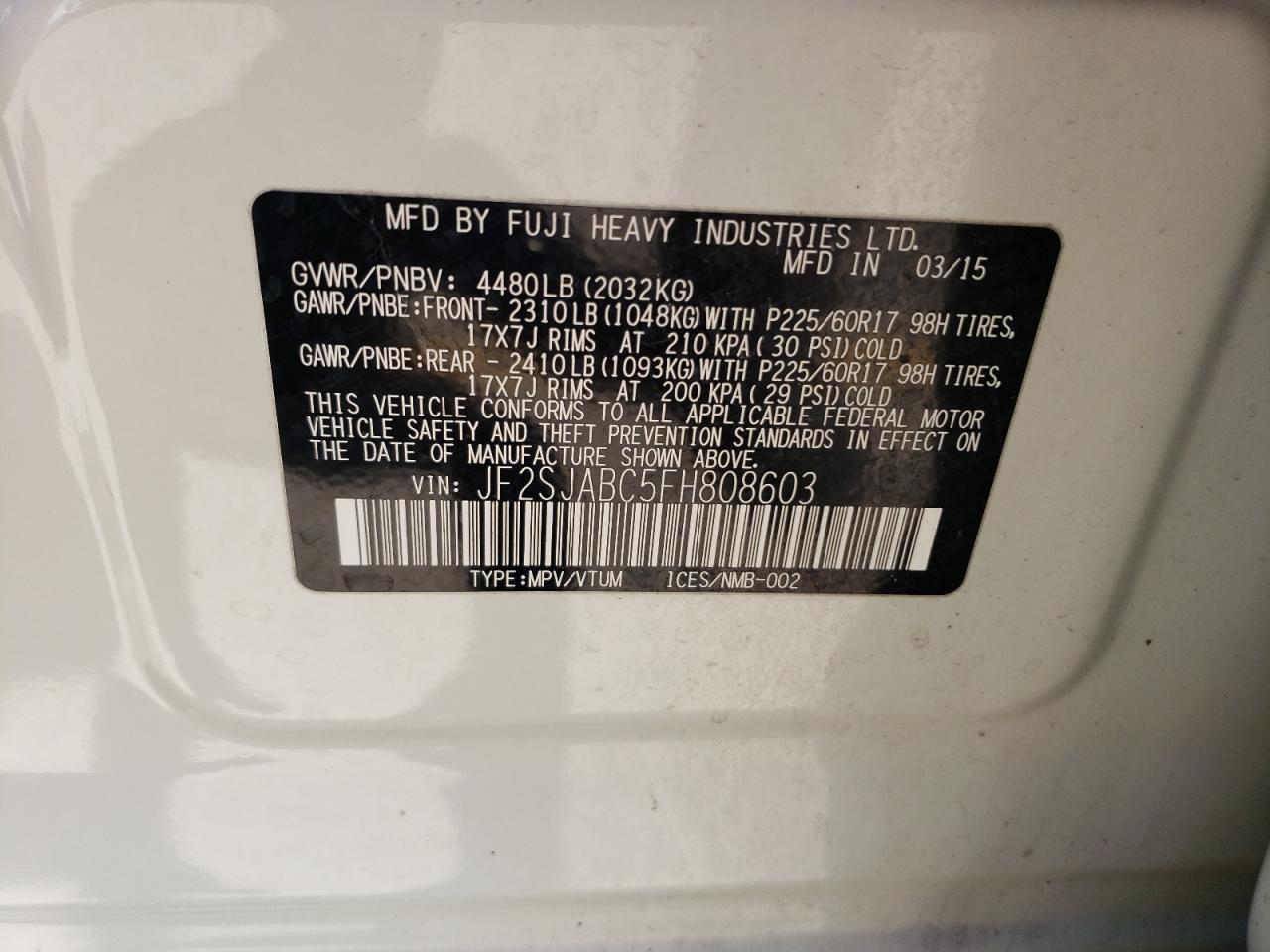 JF2SJABC5FH808603 2015 Subaru Forester 2.5I