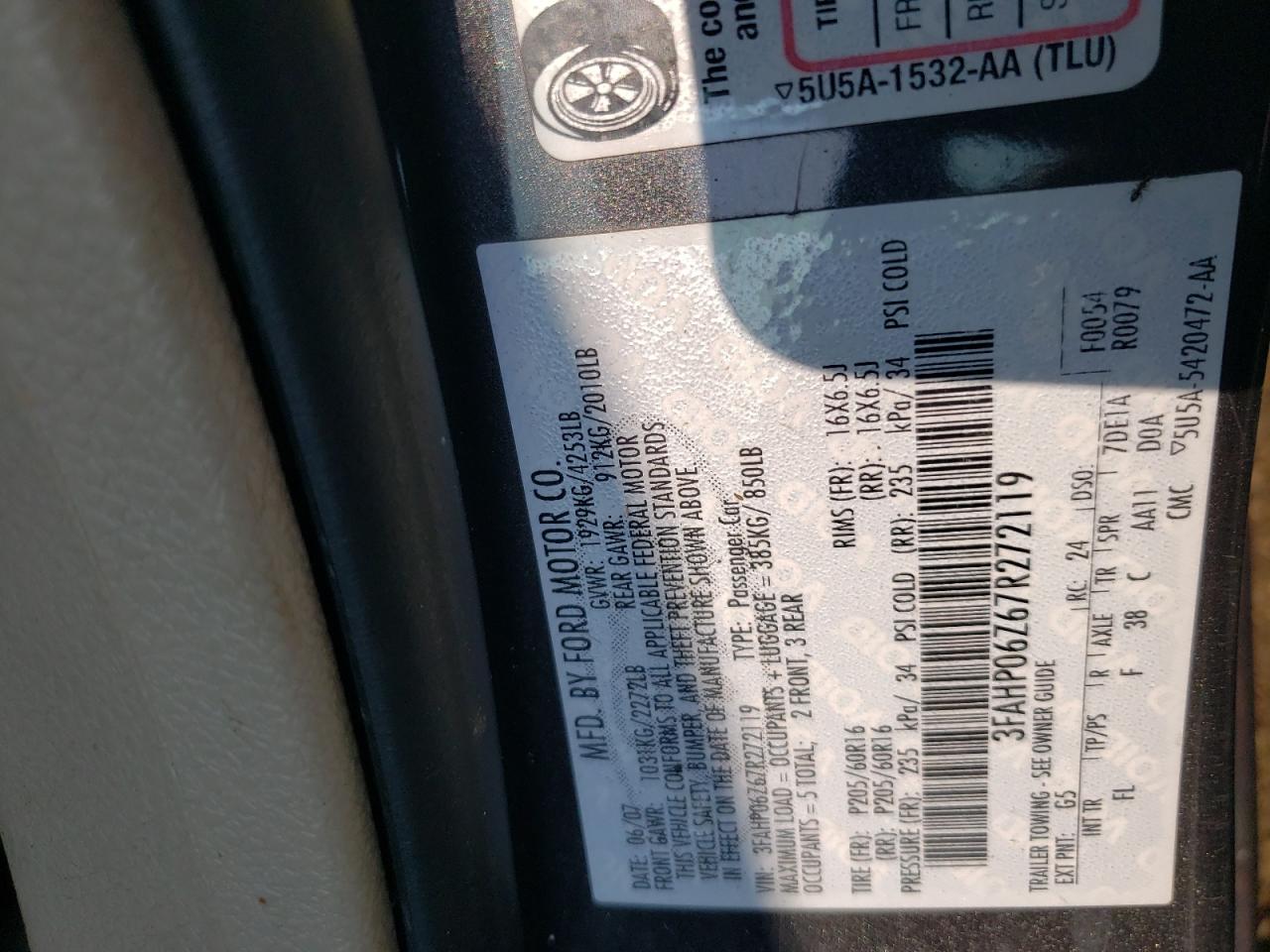 3FAHP06Z67R272119 2007 Ford Fusion S