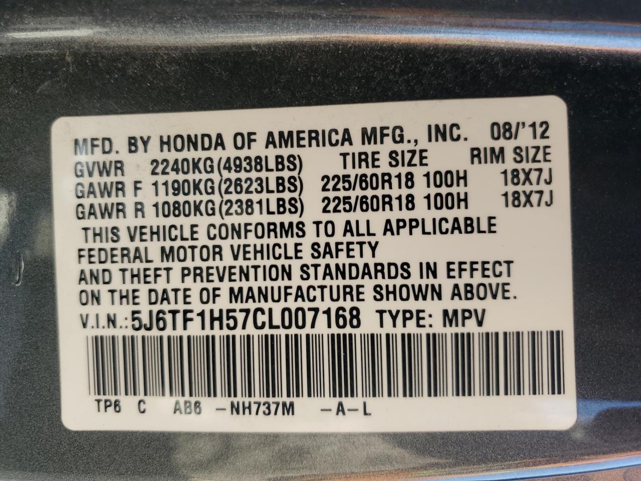 5J6TF1H57CL007168 2012 Honda Crosstour Exl