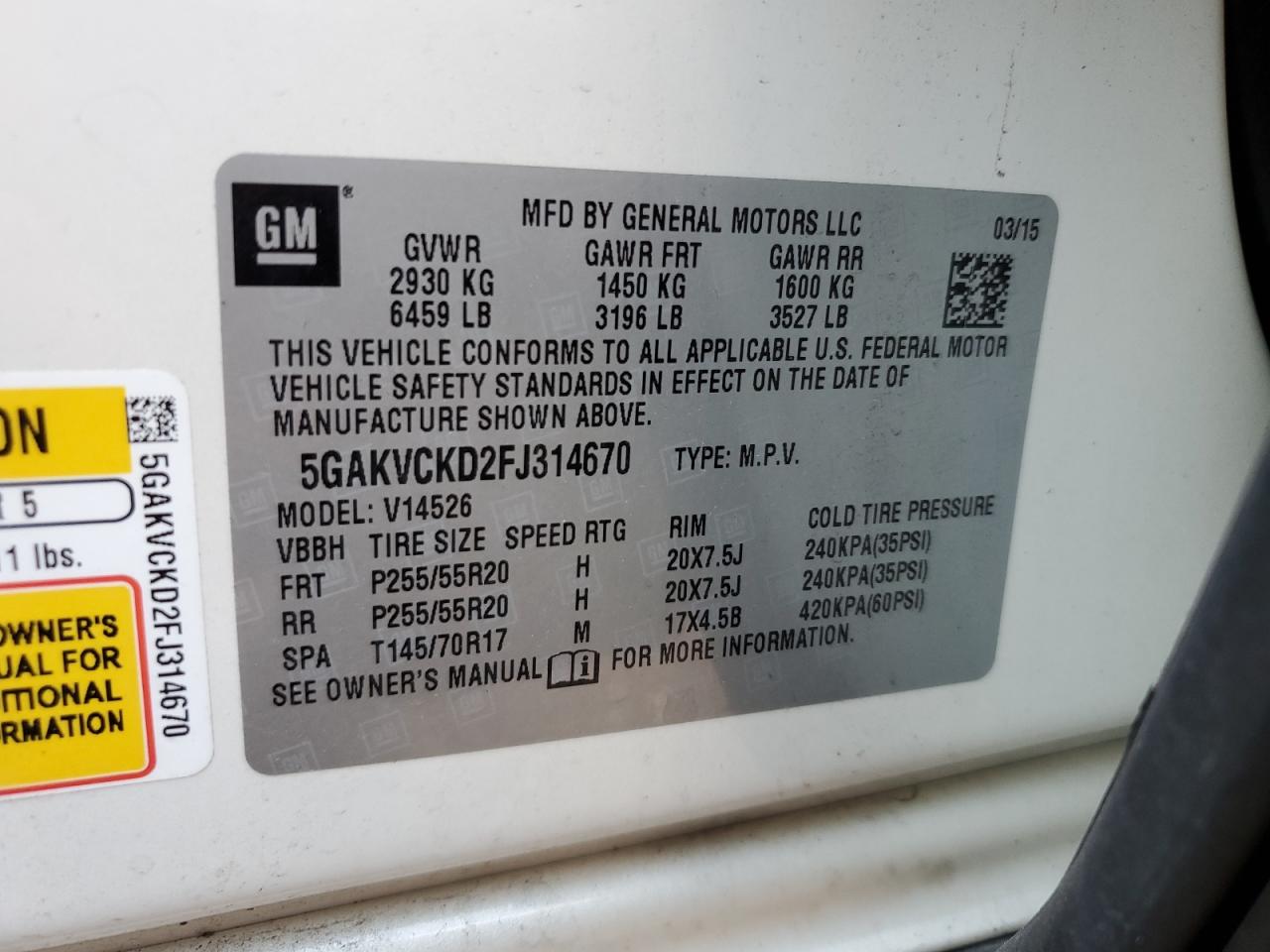 5GAKVCKD2FJ314670 2015 Buick Enclave