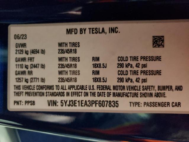 2023 Tesla Model 3 VIN: 5YJ3E1EA3PF607835 Lot: 60729154