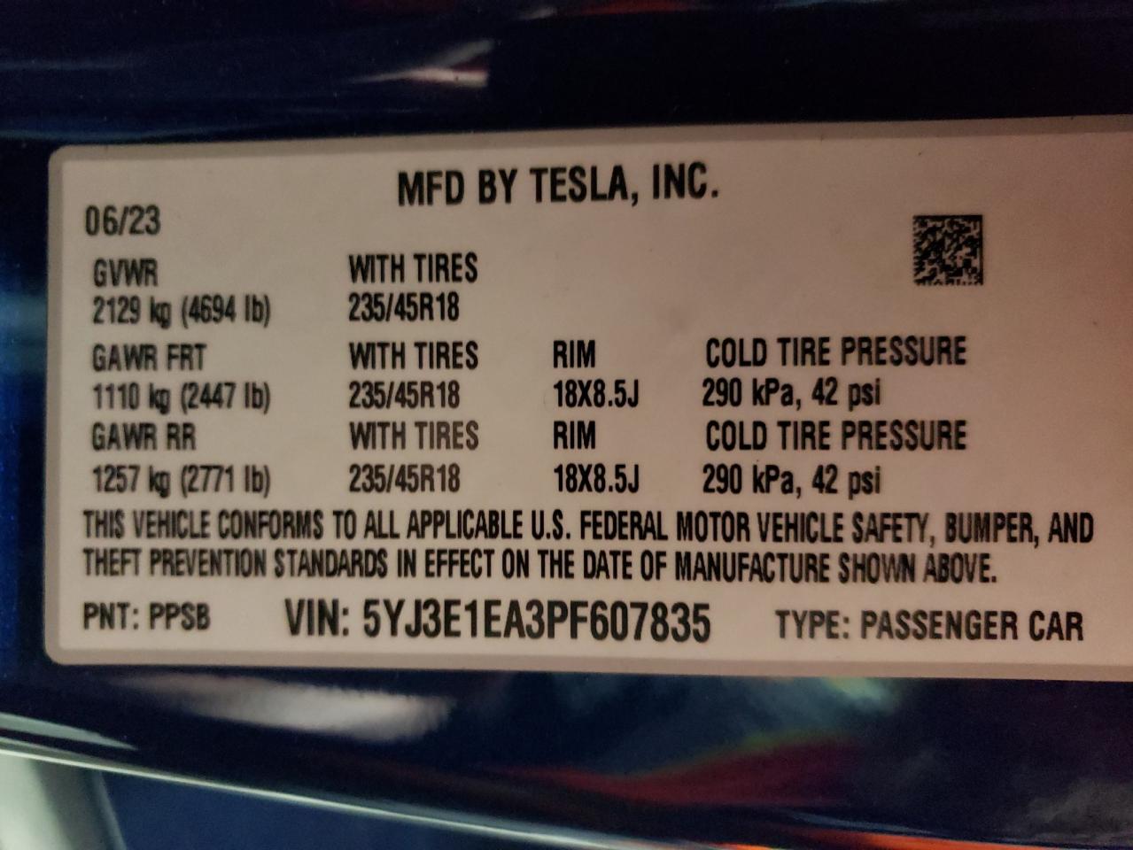 5YJ3E1EA3PF607835 2023 Tesla Model 3