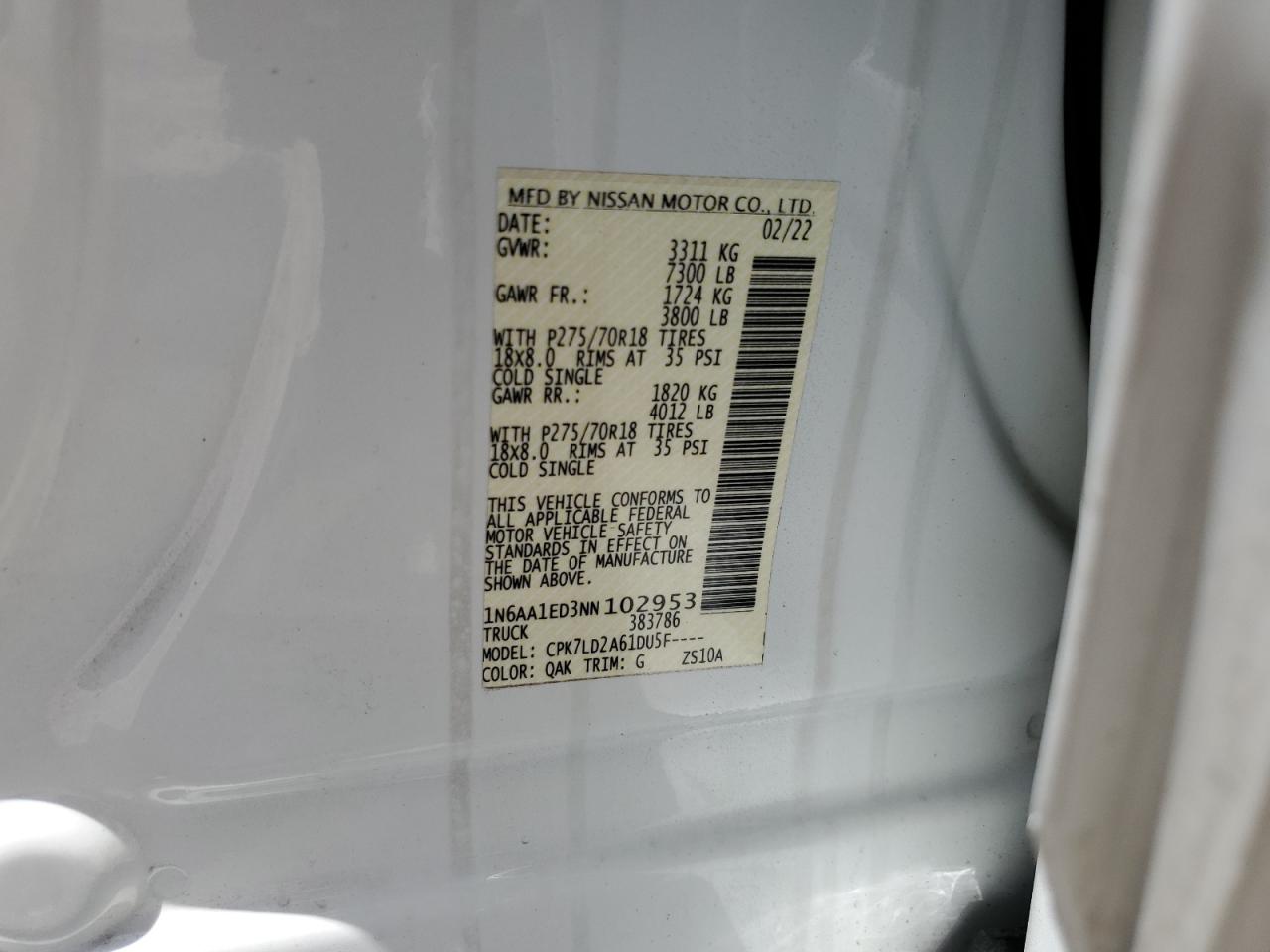 2022 Nissan Titan Sv vin: 1N6AA1ED3NN102953