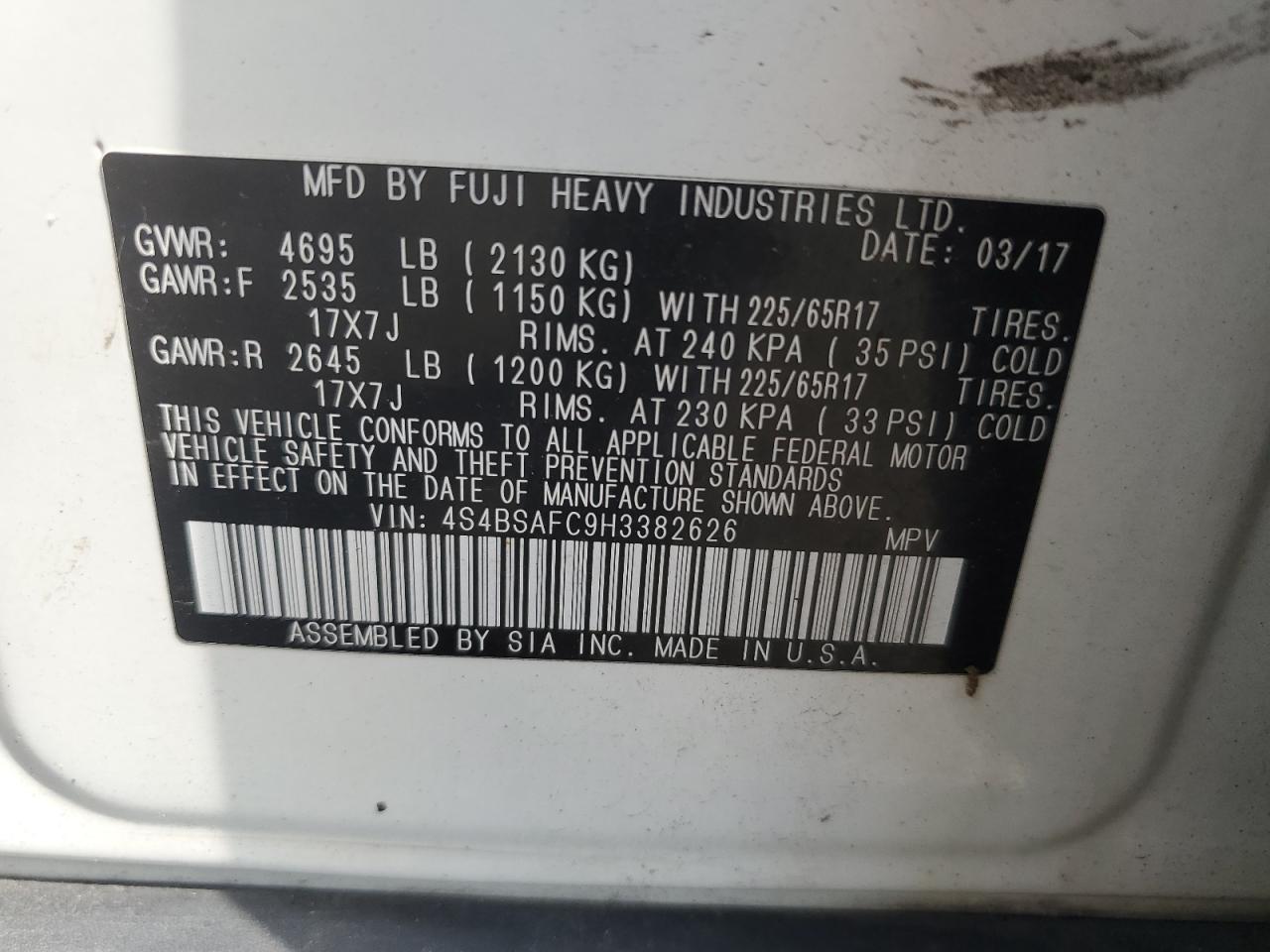 4S4BSAFC9H3382626 2017 Subaru Outback 2.5I Premium