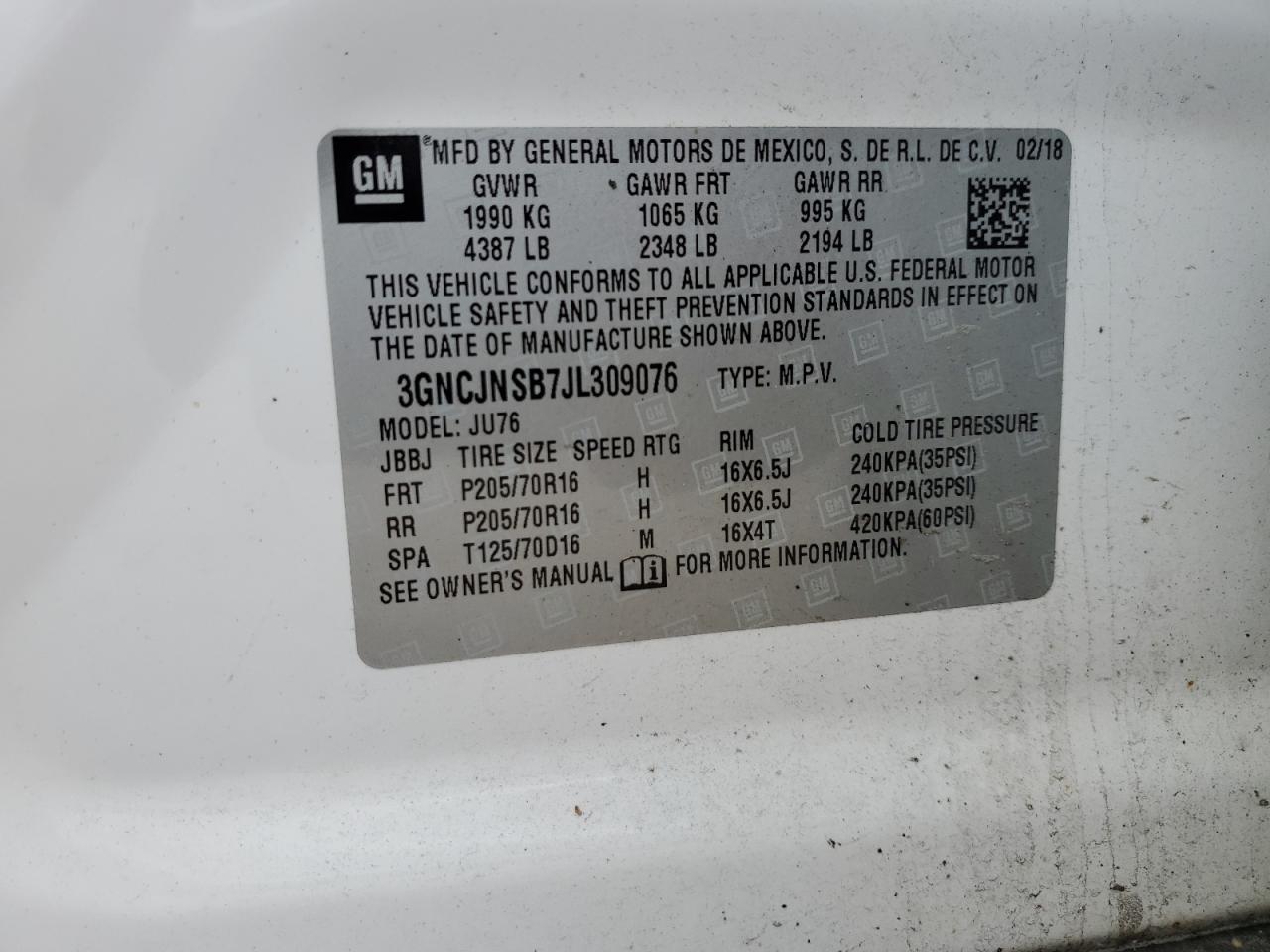 3GNCJNSB7JL309076 2018 Chevrolet Trax Ls