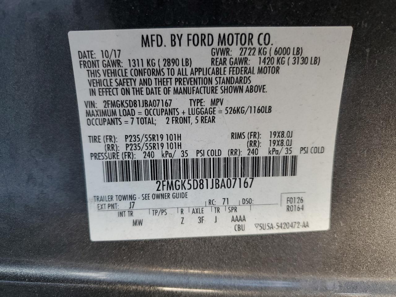 2018 Ford Flex Limited vin: 2FMGK5D81JBA07167