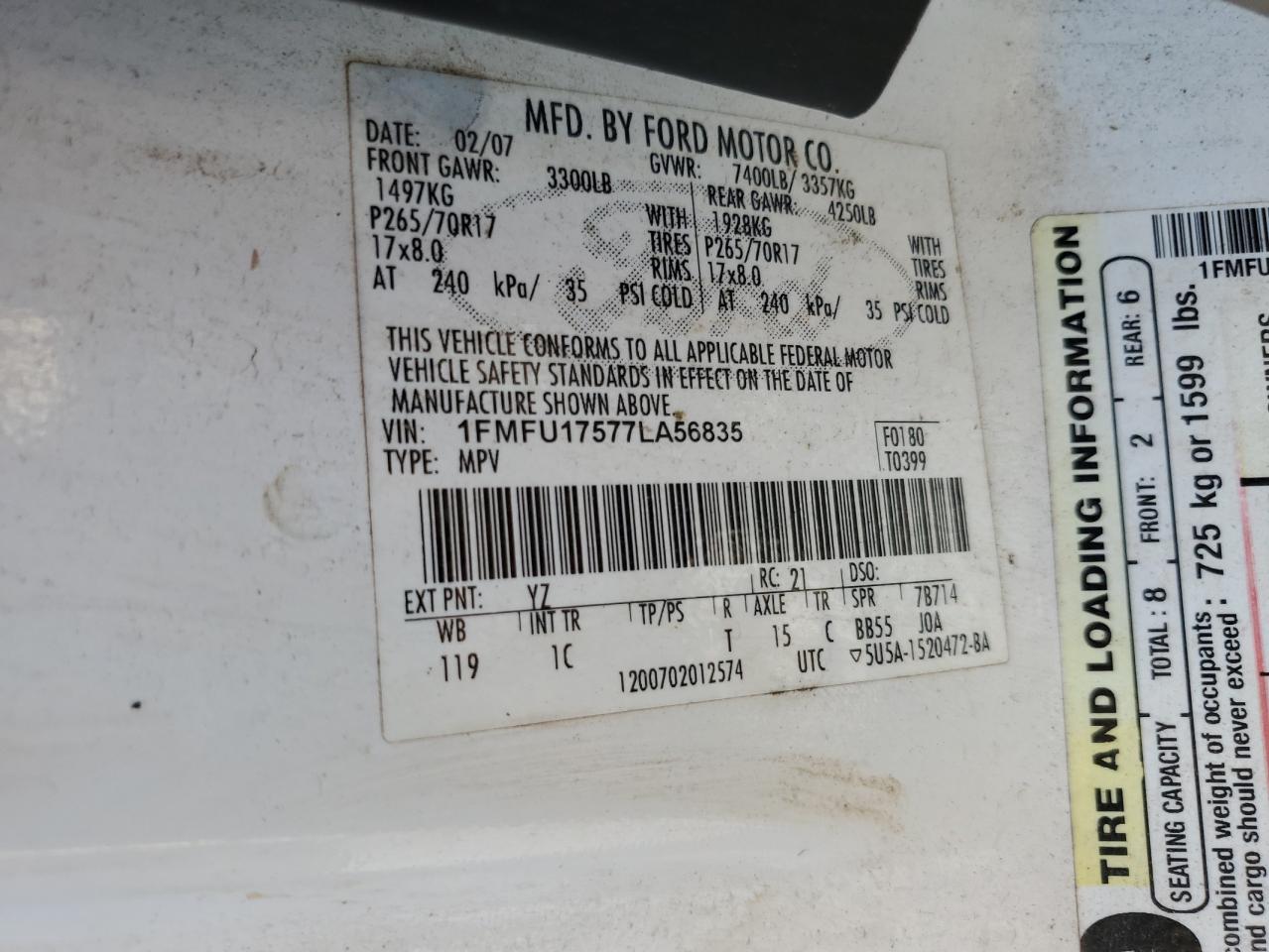 1FMFU17577LA56835 2007 Ford Expedition Eddie Bauer