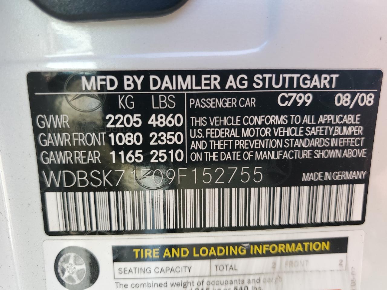 WDBSK71F09F152755 2009 Mercedes-Benz Sl 550