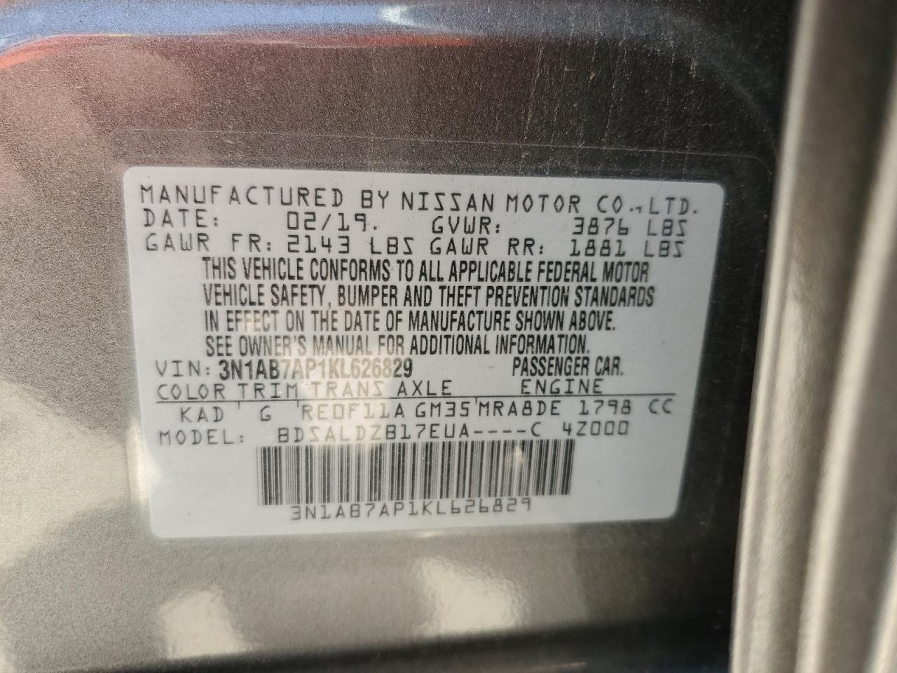 3N1AB7AP1KL626829 2019 Nissan Sentra S