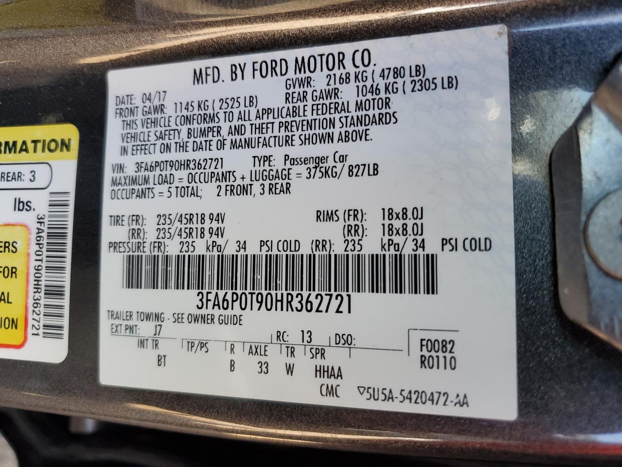 3FA6P0T90HR362721 2017 Ford Fusion Se