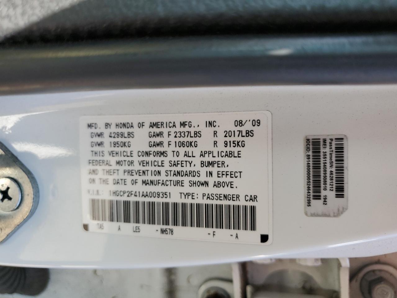 1HGCP2F41AA009351 2010 Honda Accord Lxp