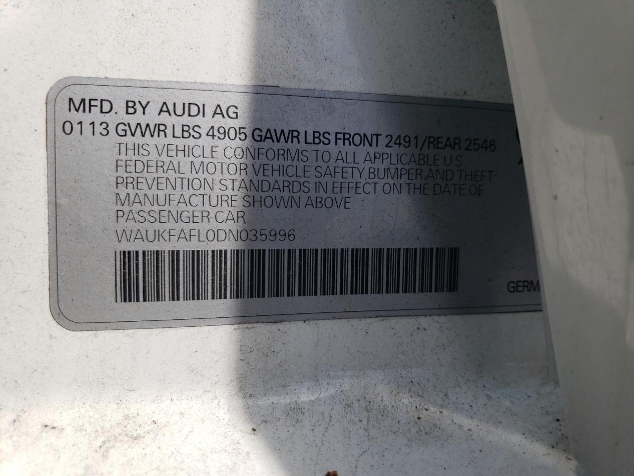 WAUKFAFL0DN035996 2013 Audi A4 Prestige