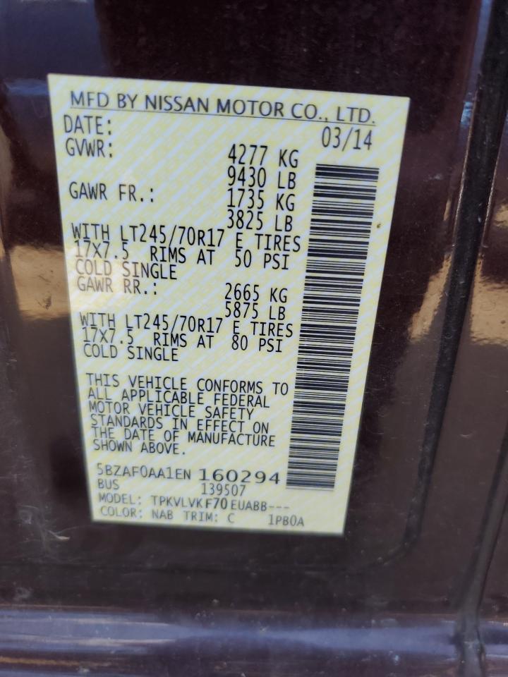 5BZAF0AA1EN160294 2014 Nissan Nv 3500 S