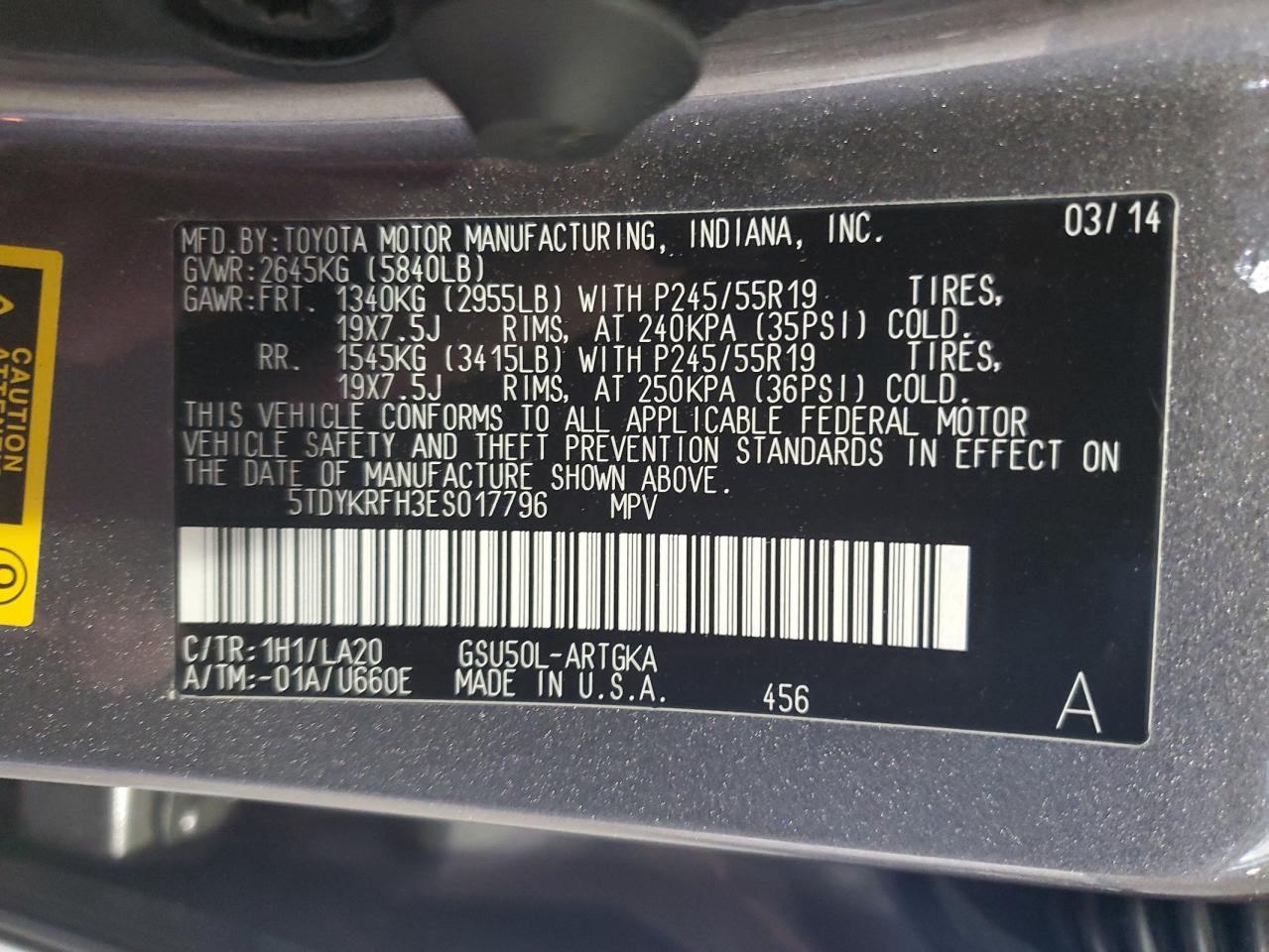 5TDYKRFH3ES017796 2014 Toyota Highlander Limited