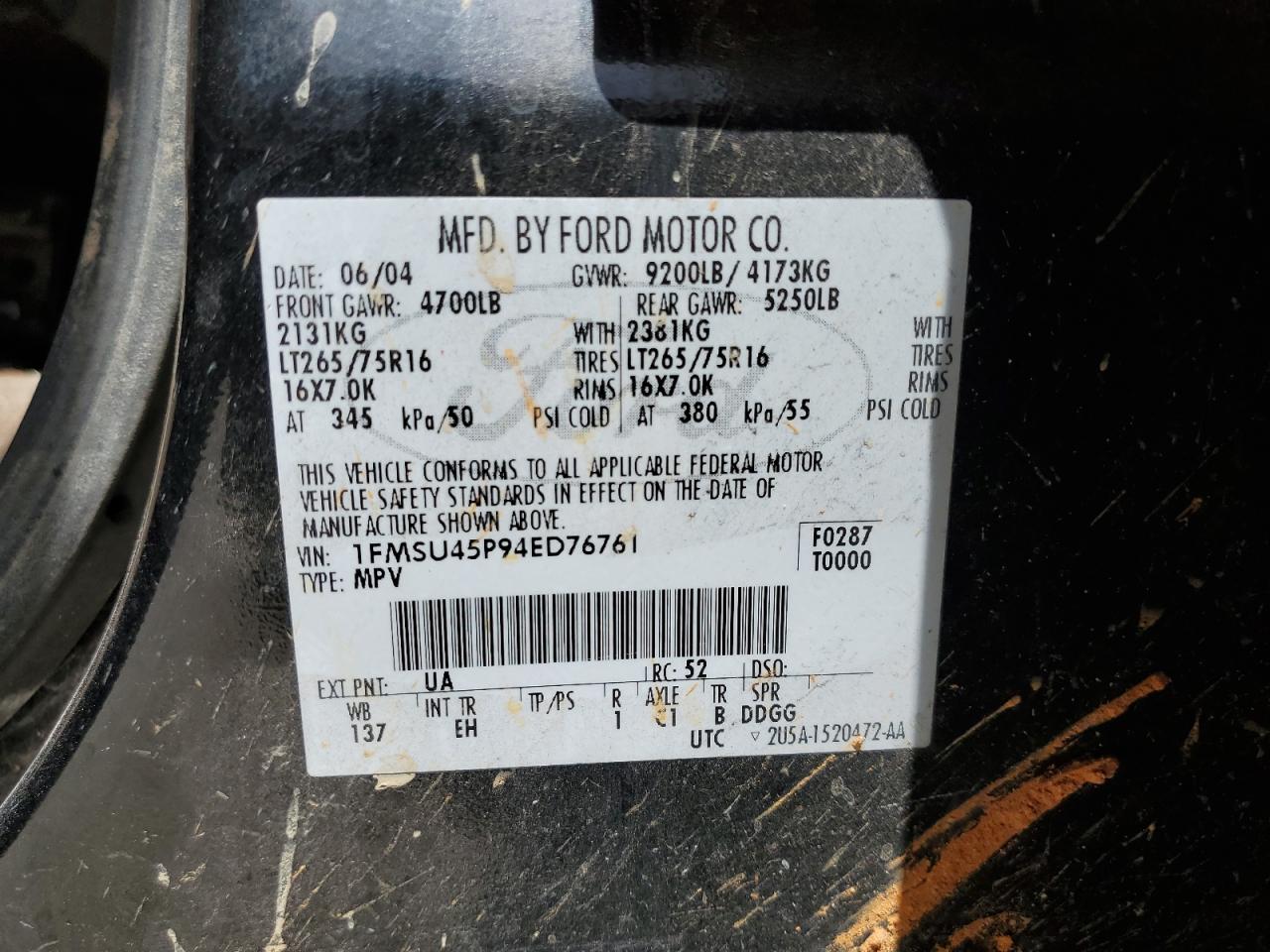 1FMSU45P94ED76761 2004 Ford Excursion Eddie Bauer