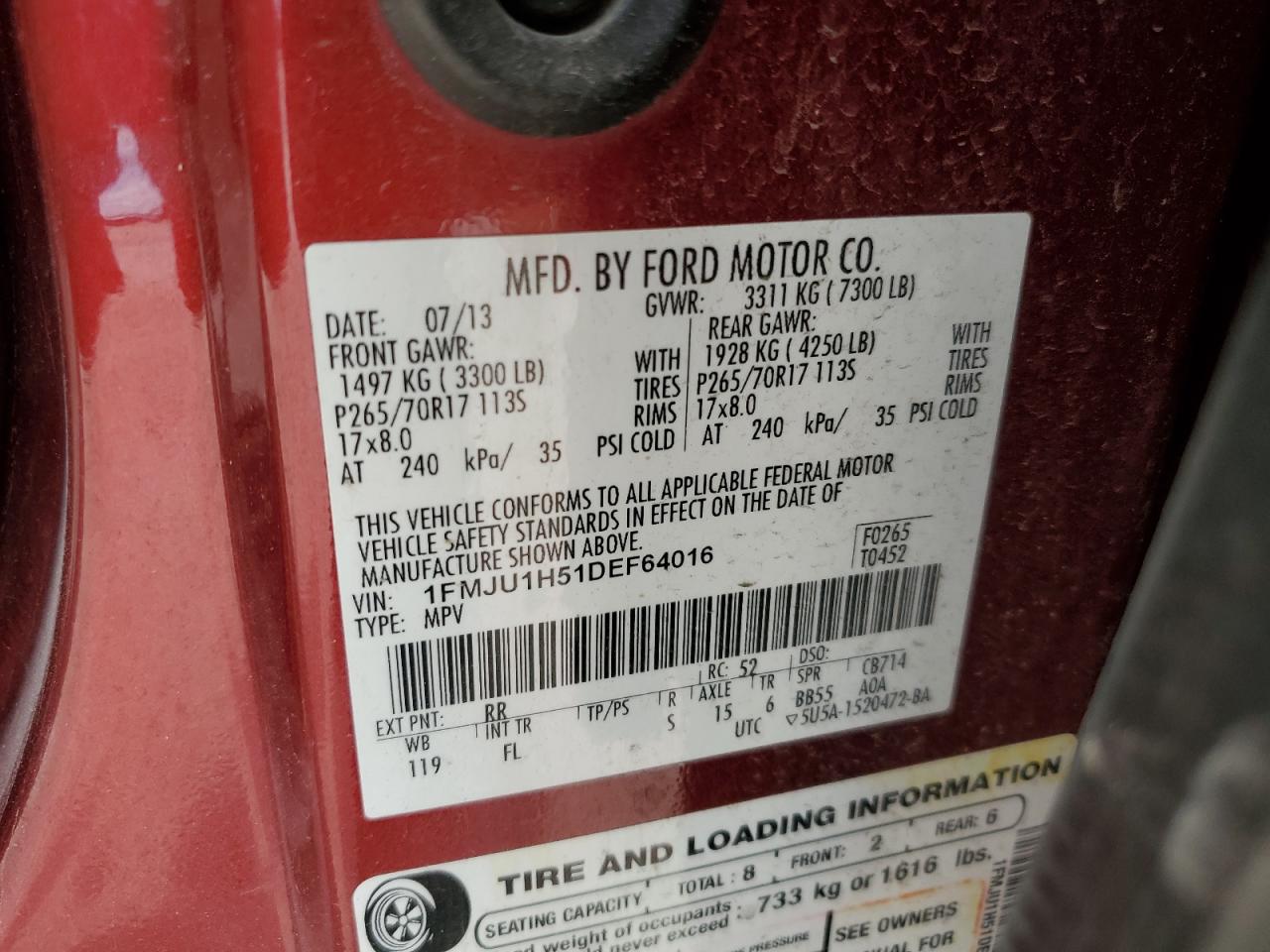 1FMJU1H51DEF64016 2013 Ford Expedition Xlt