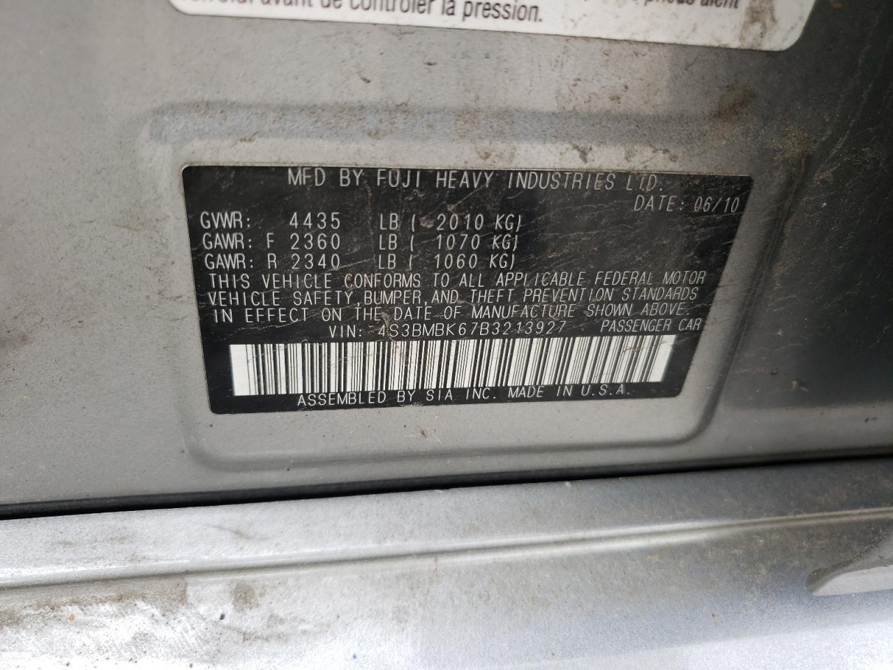 4S3BMBK67B3213927 2011 Subaru Legacy 2.5I Limited