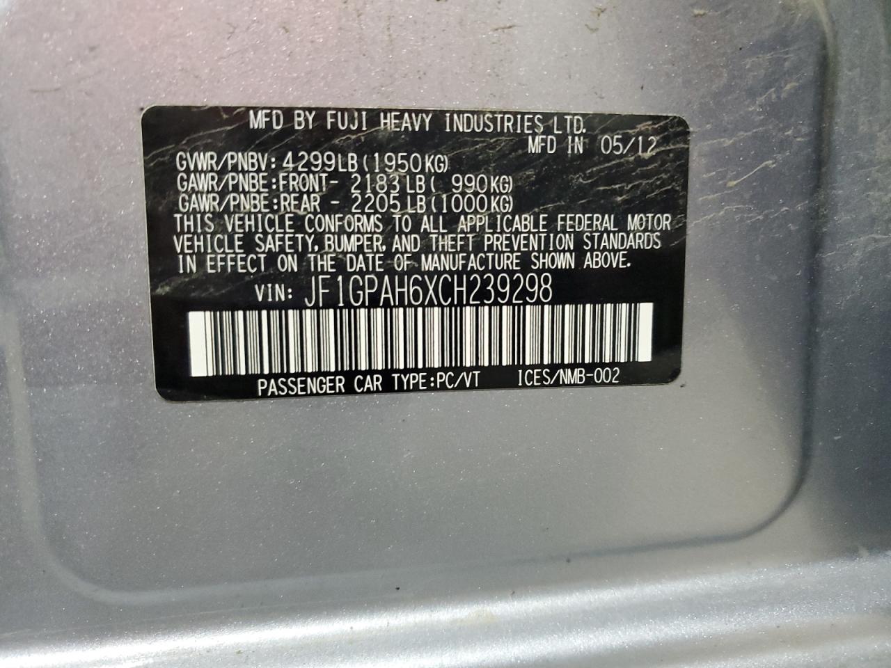 JF1GPAH6XCH239298 2012 Subaru Impreza Limited